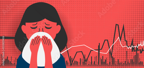 The impact of coronavirus on the stock exchange and the global economy. sick woman hold handkerchief .vector illustration