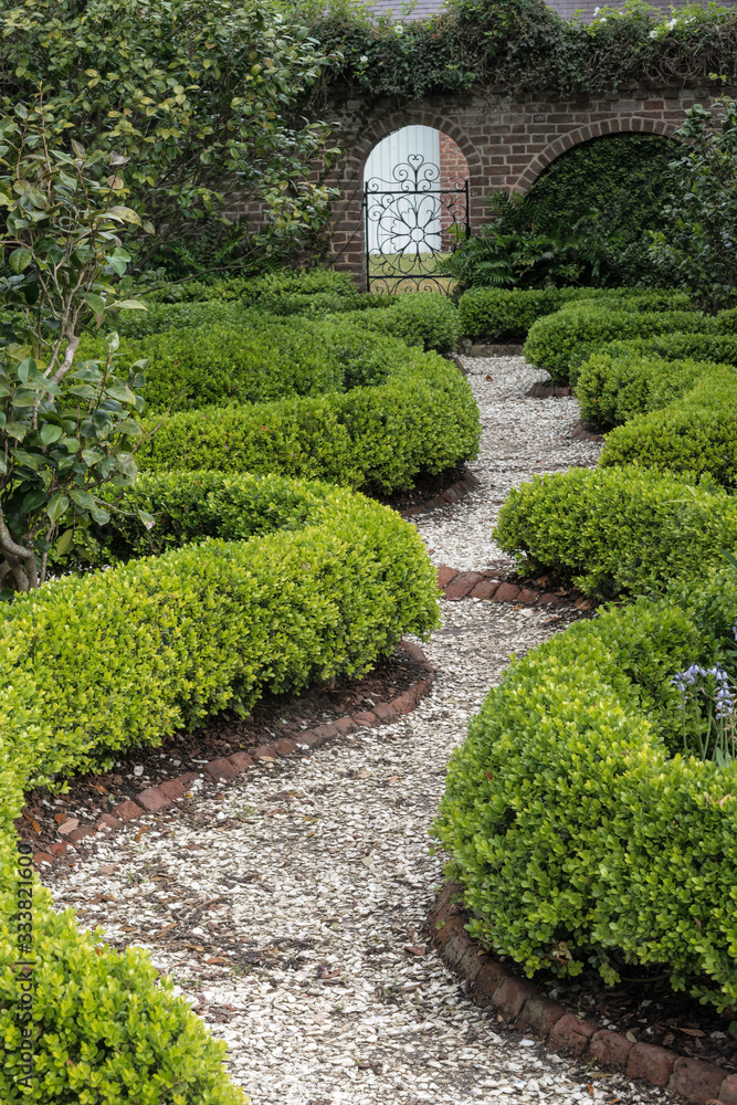Winding path made out of crushed shells and surrounded by hedges leading up to a wrought iron garden gate.