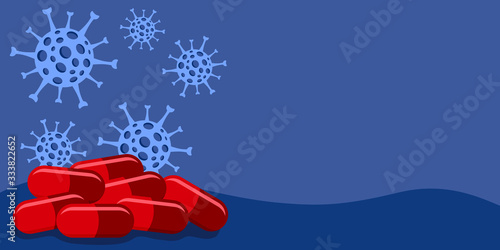 Coronavirus, 2019-nCoV, COVID-19, Bacteria is an antiviral drug, red capsule on navy blue background, isolated, vector illustration