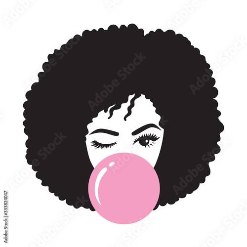 Black woman with afro hair blowing bubble gum vector illustration