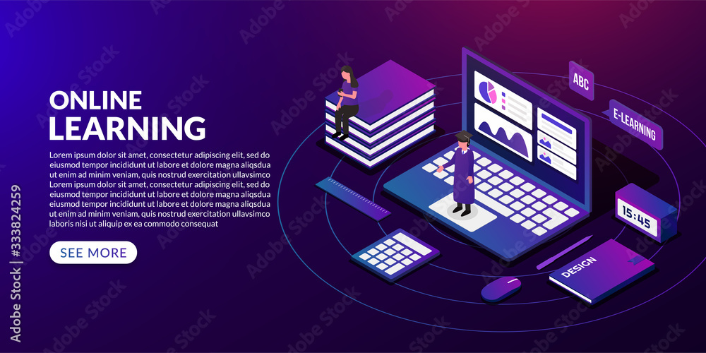 Online education concept in isometric style, learn from home by internet learning course Online education concept in isometric style, learn from home by internet learning course