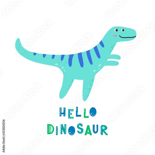 Cute dinosaur with lettering Hello dinosaur for kids, baby t-shirt, greeting card design. Funny little dino of hand drawn style. Vector illustration of dinosaur isolated on background.
