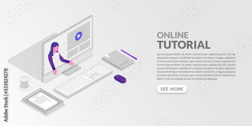 Online tutorial concept in isometric style, learn from home by video conference platform