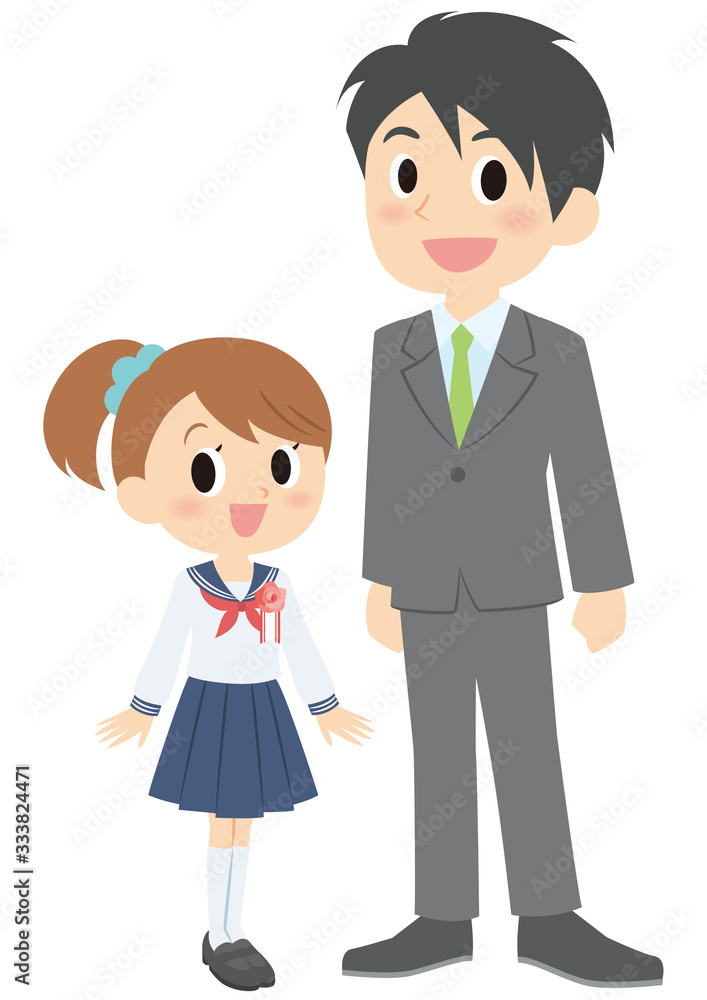 入学式の女子と父親 入学式の女子と父親