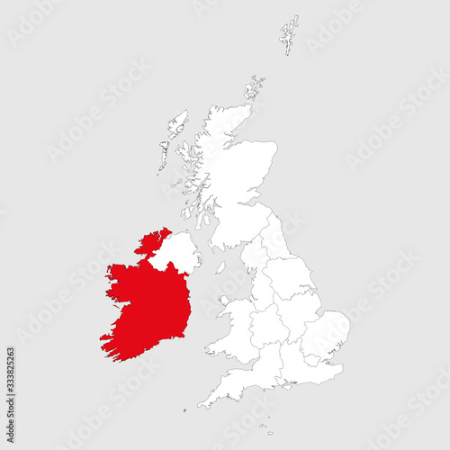 Ireland map highlighted red on united kingdom political map. Light gray background. Perfect for Business concepts, backgrounds, backdrop, chart, label, sticker, banner and wallpapers.