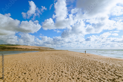 Beautiful beach scene. Sand beach, sea, and cloudy sky background
