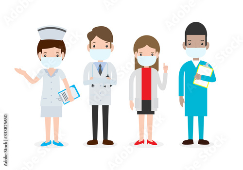 coronavirus (2019-nCoV) or covid-19, Doctors team wearing masks . Medical staff doctor and nurse, group of medics. Healthy lifestyle concept isolated on white background