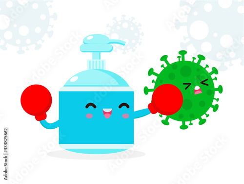 Alcohol gel cute character. Hand wash gel fight with coronavirus (2019-nCoV), Alcohol gel attack COVID-19, Protection Against Viruses and Bacteria, Healthy lifestyle isolated on white background