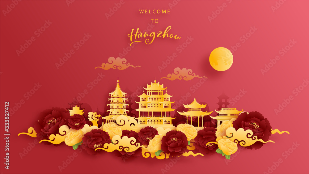 Hangzhou, China world famous landmark in gold and red background. Paper cut vector illustration.