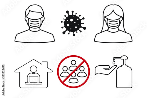 Icon images wearing a mask, Washing your hands, Work from home and avoiding assembly. Coronavirus or Covid 19 protection concept.