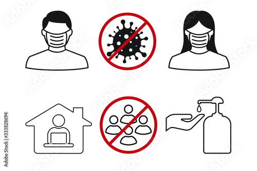 Icon images wearing a mask, Washing your hands, Work from home and avoiding assembly. Coronavirus or Covid 19 protection concept.