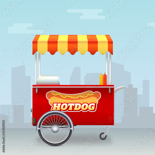 Realistic Hot dog cart. Street fast food market on big city backdrop. Template with kiosk of seller fast food. Trolley for outdoor service with hot dog logo. Vector 3d illustration