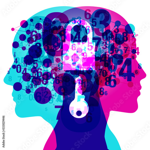 A female and male side silhouette profile overlaid with various blending semi-transparent numerals and line connected circular shapes. Centre vertically placed is a translucent white Padlock and Key.