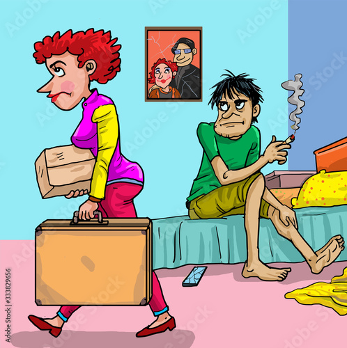 Cartoon woman leaving home. Couple in marriage conflict.