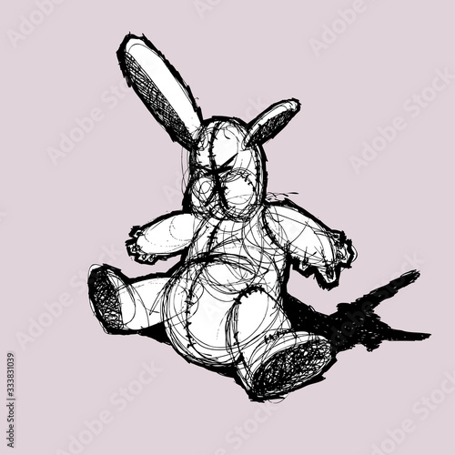 Angry plush hare with ears of different lengths. Color vector illustration. Can be used in social networks, for articles, publications, postcards, prints, posters.