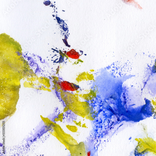 Watercolor illustration. Texture. Watercolor transparent stain. Blur, spray. Blue, red and yellow color. © Margosoleil