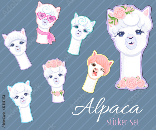 Cute llama alpaca sticker set.