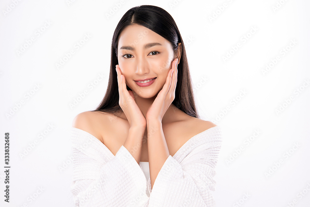 Beautiful Young Asian Woman with Clean Fresh Skin. Face care, Facial treatment, Cosmetology, beauty and healthy skin and cosmetic concept, woman beauty skin isolated on white background Beautiful Young Asian Woman with Clean Fresh Skin. Face care, Facial treatment, Cosmetology, beauty and healthy skin and cosmetic concept, woman beauty skin isolated on white background
