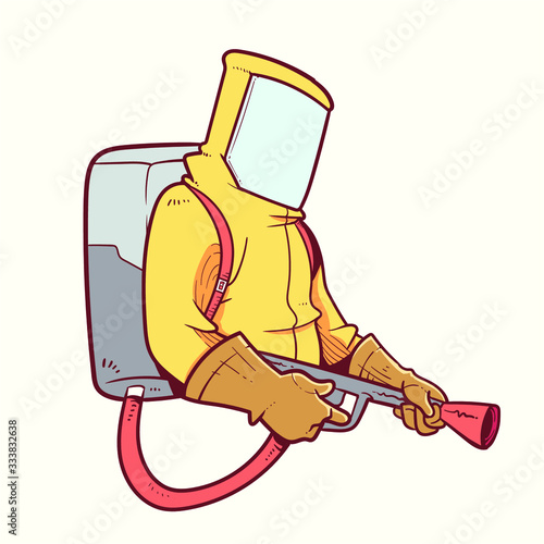 People with disinfectant wearing hazmat suit