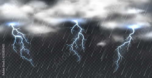 Realistic storm. Heavy clouds thunder and shower rain on transparent background. Vector illustration atmosphere phenomenon with lightning strikes, nature sky lights energy