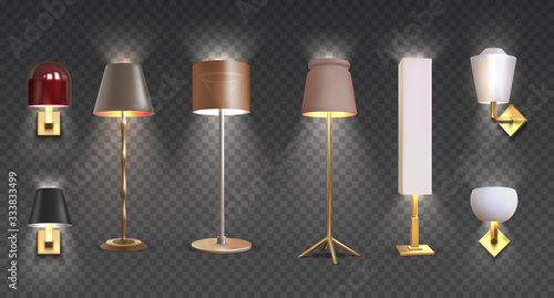 Realistic floor lamp. 3D closeup render of modern electric torchere with light isolated on transparent background. Vector illustration light furniture set for illumination interior