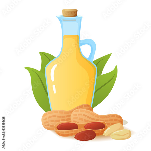 Peanut oil in glass bottle.Nut with palm  leaves. Flat illustration vector isolated on white background.Organic healthy product.   Cosmetic product.