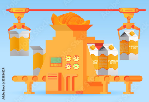 Factory packing conveyor  pumpkin juice of a box .Sweet sparkling water.Flat illustration vector.Concept of design industrial automated food factory machine.