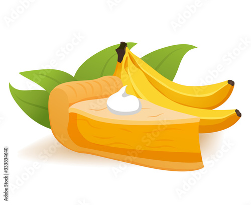 Slice of banana pie with topping whipped cream. Tropical fruit dessert concept. Realistic vector illustration.