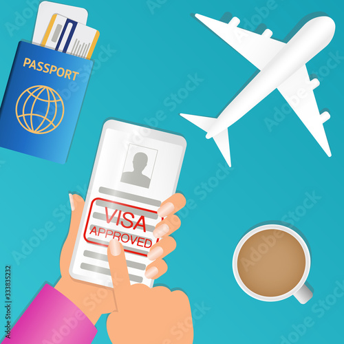 online visa application on digital phone screen, flat design. Word writing text Visa Application. Business concept for sheet to provide your basic information. Passport or visa application. Travel