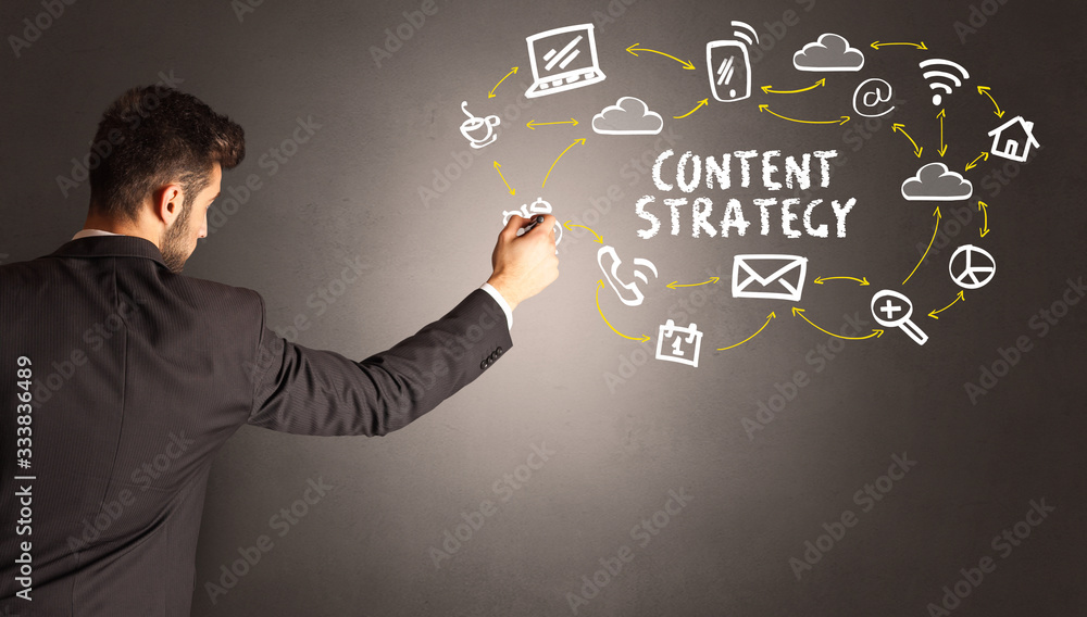 businessman drawing social media icons with CONTENT STRATEGY inscription, new media concept businessman drawing social media icons with CONTENT STRATEGY inscription, new media concept
