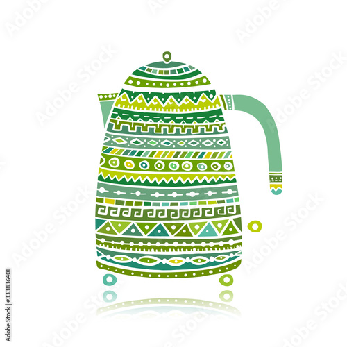 Teapot or electric kettle isolated on white. Household appliances. Electronic device. Ethnic design ornament. Home appliances