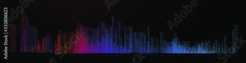 Night city illustration with neon glow colors. illustration with architecture, skyscrapers, megapolis, buildings, downtown. Landscape template background. Color art line vector
