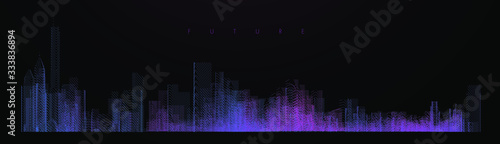Fototapeta Night city illustration with neon glow colors. illustration with architecture, skyscrapers, megapolis, buildings, downtown. Landscape template background. Color art line vector
