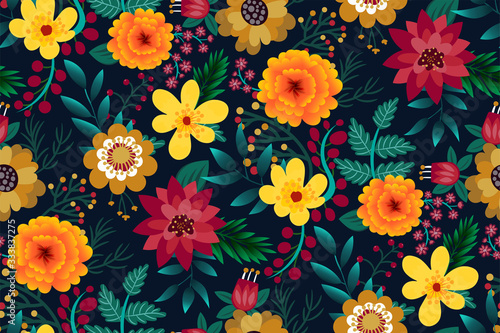 Forest flowers  leaves  berries seamless pattern. Elegant floral print in a simple cute hand-drawn style. Colorful Botanical background. Vector illustration.