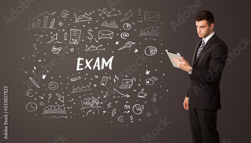 Businessman thinking with EXAM inscription, business education concept