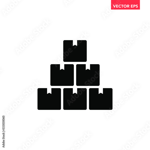 Black pile of cardboard boxes icon. Simple moving parcel delivery concept flat design illustration, pictogram vector for app ads web banner button ui ux interface elements isolated on white background