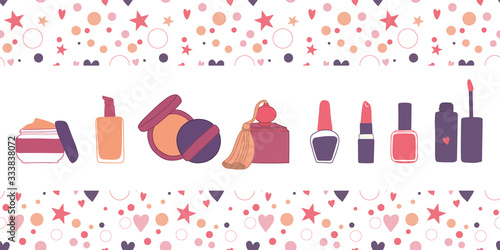 Vector hand drawn card template with makeup set: cream, lipstick, mascara, nail polish, perfume, lotion, lipstick, eye shadows, brush, powder. Doodle cosmetics background for beauty store