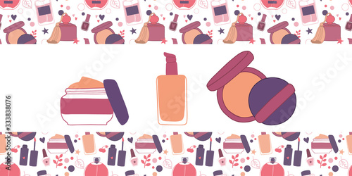Vector hand drawn card template with makeup set: cream, lipstick, mascara, nail polish, perfume, lotion, lipstick, eye shadows, brush, powder. Doodle cosmetics background for beauty store