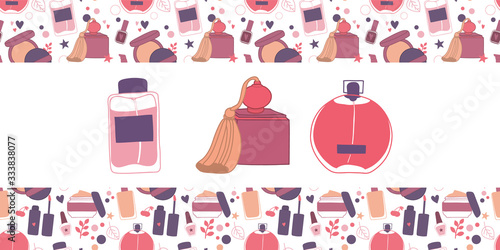 Vector hand drawn card template with makeup set: cream, lipstick, mascara, nail polish, perfume, lotion, lipstick, eye shadows, brush, powder. Doodle cosmetics background for beauty store