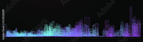 Night city illustration with neon glow colors. illustration with architecture, skyscrapers, megapolis, buildings, downtown. Landscape template background. Color art line vector
