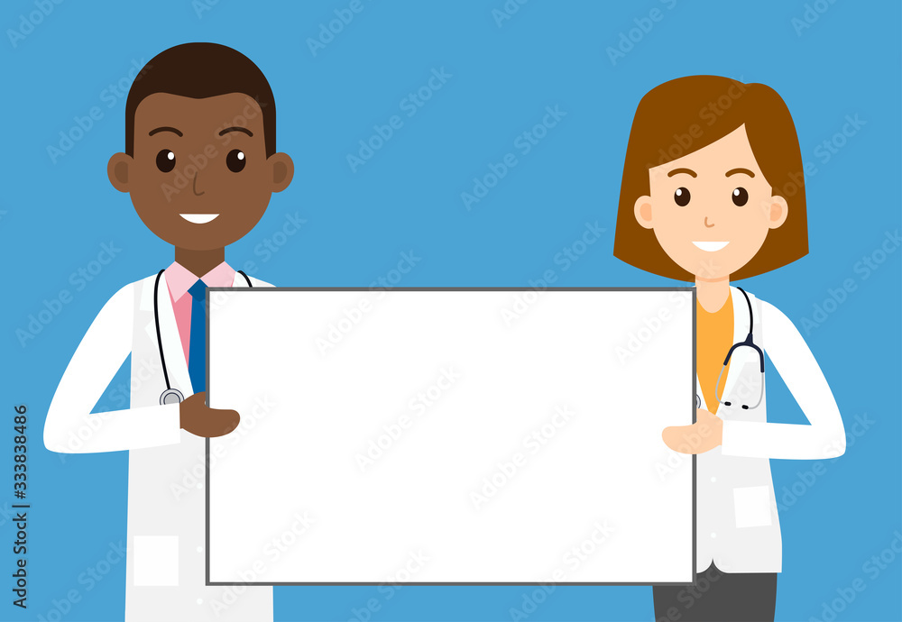 Doctors man and woman holding empty signboard for health advertisements - Vector illustration Doctors man and woman holding empty signboard for health advertisements - Vector illustration