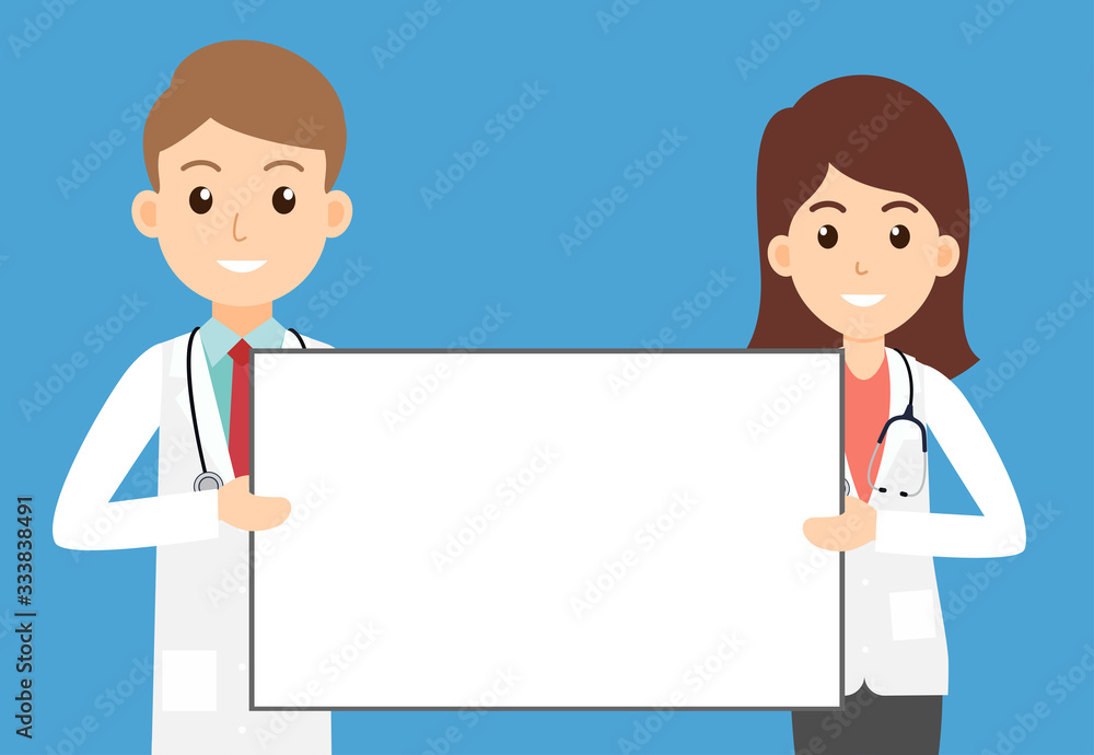 White doctors man and woman holding empty signboard for health advertisements - Vector illustration White doctors man and woman holding empty signboard for health advertisements - Vector illustration
