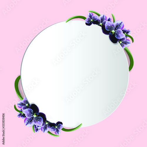 Beautiful 3D realistic of purple vanda orchid flowers and green leaves. White circle paper at the center for putting text. Illustration vector on pastel pink background. Design for invitation card.