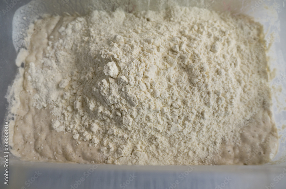 Kneading dough, sprinkling piece of dough with gray wheat flour. 
