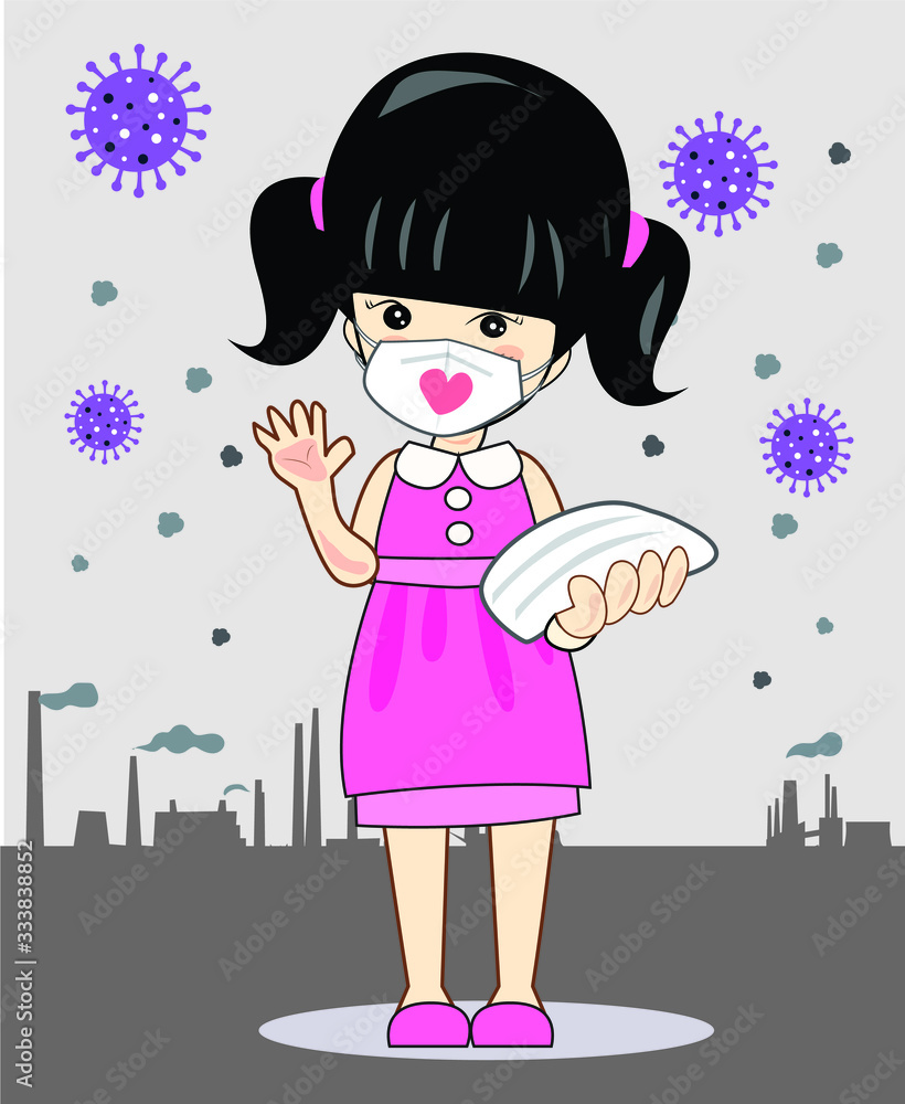Illustration, vector, a gril wearing a mask and hand washing gel, in a poisonous city Illustration, vector, a gril wearing a mask and hand washing gel, in a poisonous city