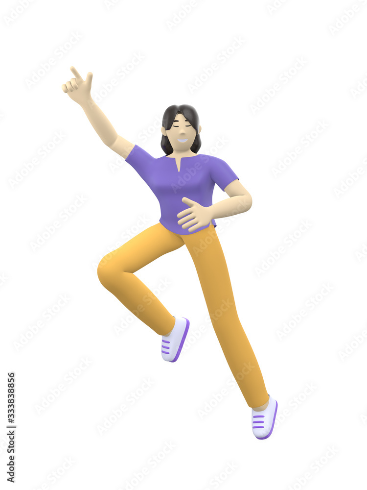 3D rendering character of an Asian girl jumping and dancing holding his hands up. Happy cartoon people, student, businessman. Positive illustration is isolated on a white background.