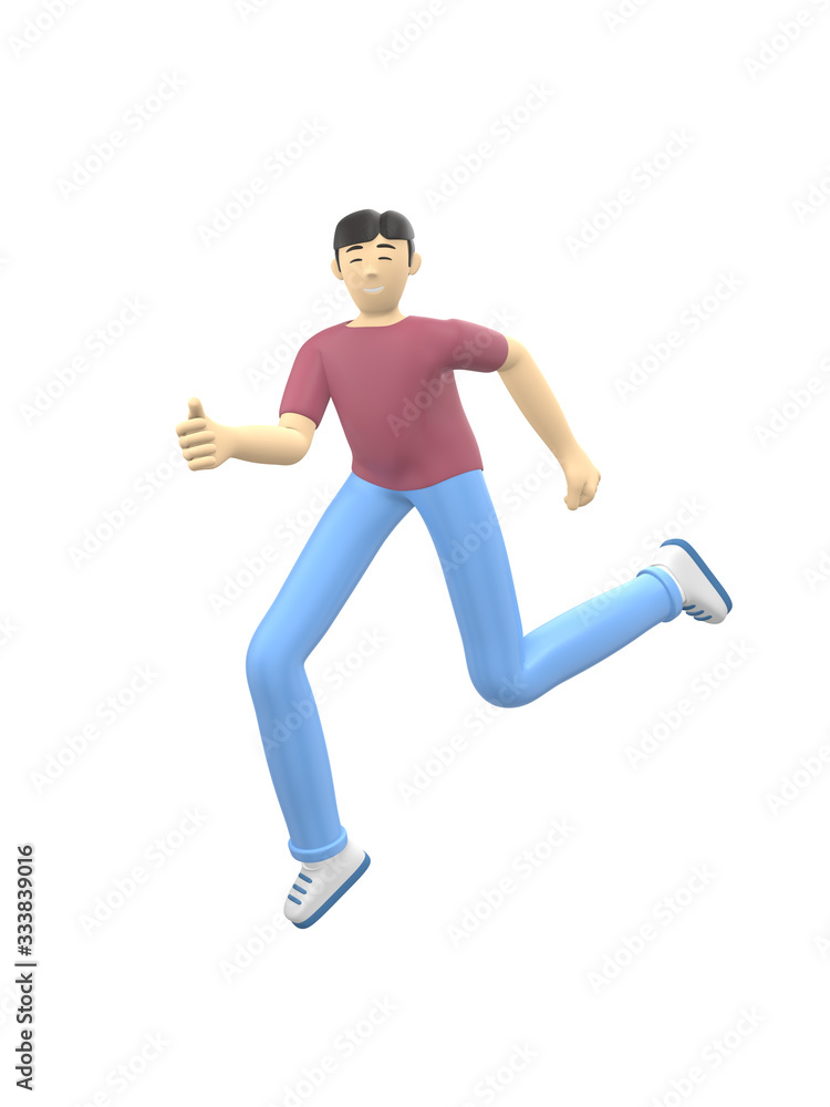 3D rendering character of an Asian guy jumping and dancing holding his hands up. Happy cartoon people, student, businessman. Positive illustration is isolated on a white background.