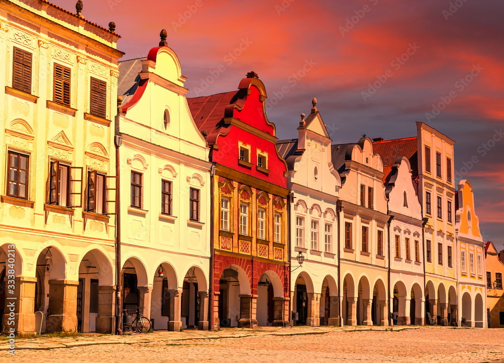 Picturesque street in small town Telc on a sunset. Czech Republic.