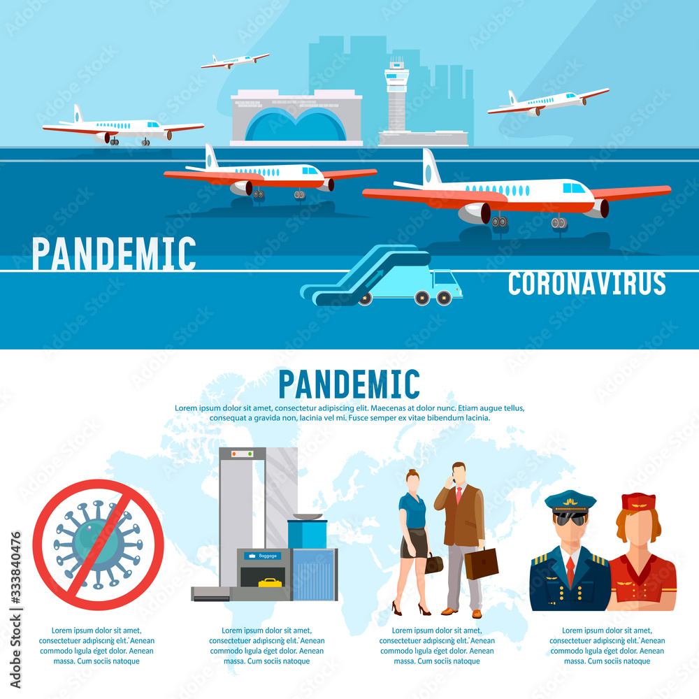 Coronavirus. COVID-19. Quarantine in airport. Transport collapse. Tourists can 't fly home. Stop epidemic infographics. World crisis of air transportation