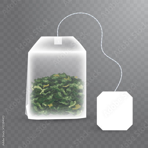 Rectangle shaped tea bag mock up with green tea inside. Vector realistic illustration of teabag with empty white label isolated on transparent background.